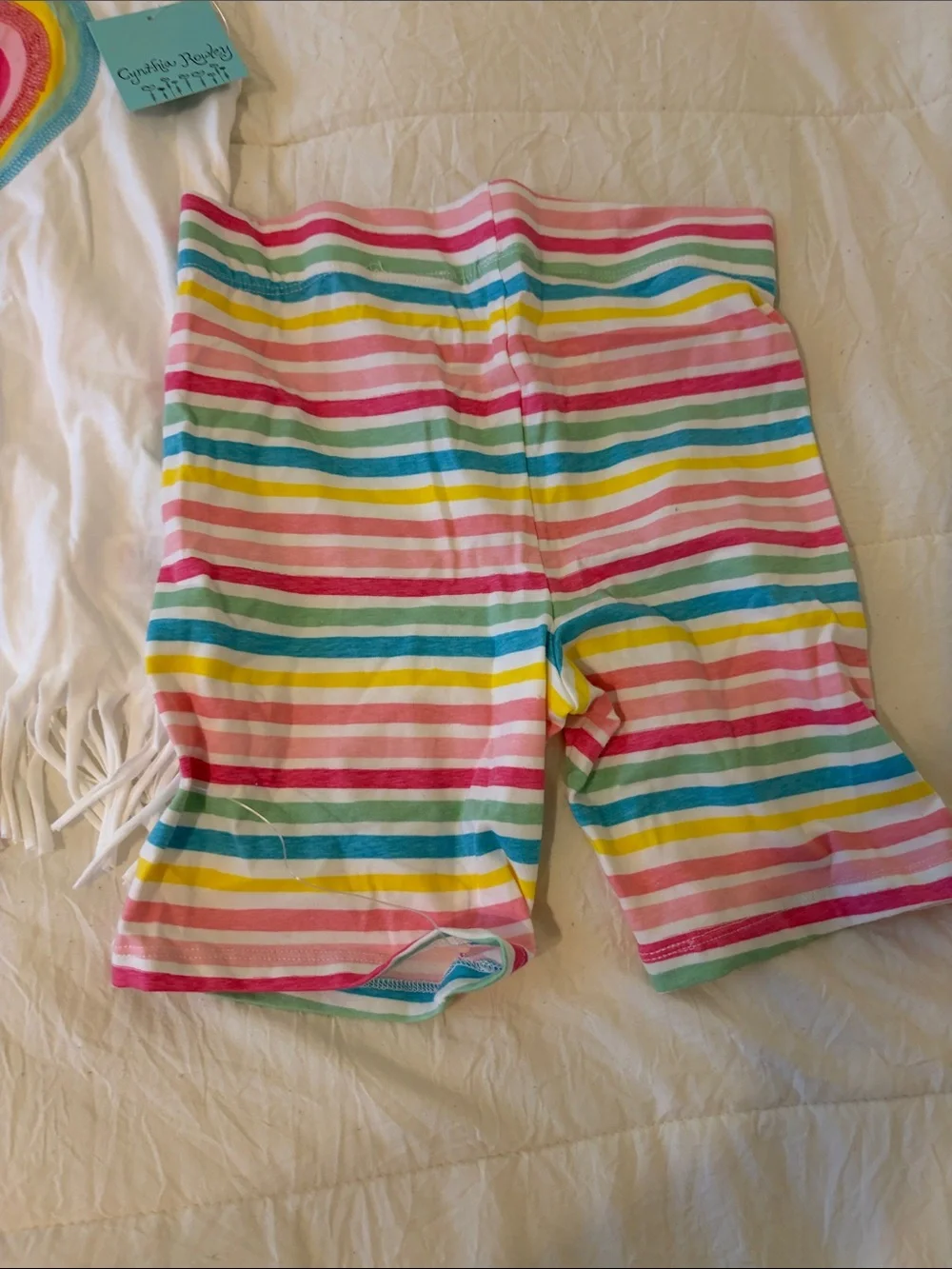 Girls White Fringe Tank Top & Rainbow Stripe Shorts Set